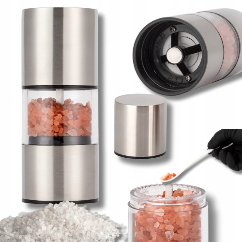 Młynek do pieprzu i soli przypraw srebrny 2w1 ręczny Solniczka Pieprzniczka