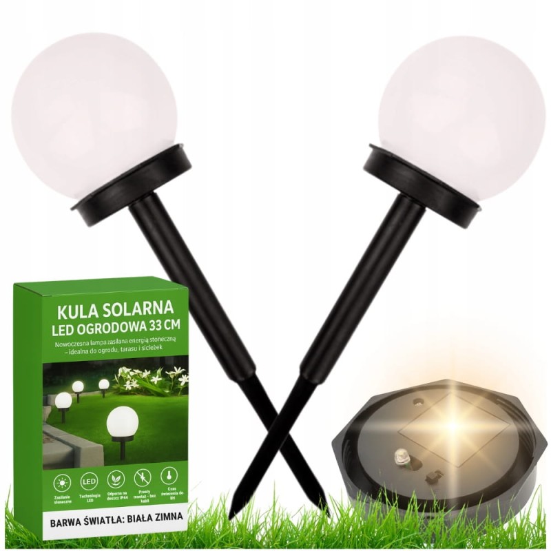 2 x Lampa Ogrodowa Solarna Wbijana Naziemna Led Kula Biała Lampka 10 Cm