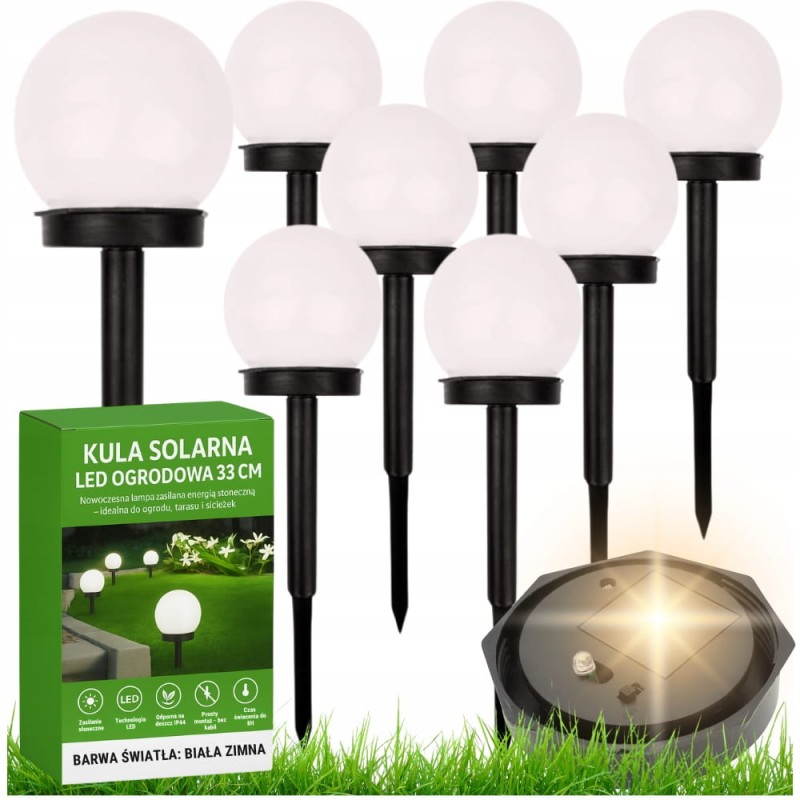 8x Lampa Solarna Kula LED Ogrodowa Wbijana Biała 33cm Kule Ogrodowe Lampki