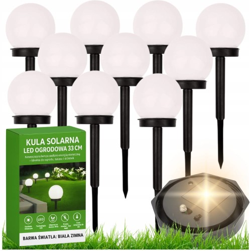 10x Lampy Solarne Do Ogrodu Kule LED Wbijana Biała 33cm Kula Solarna Ogród