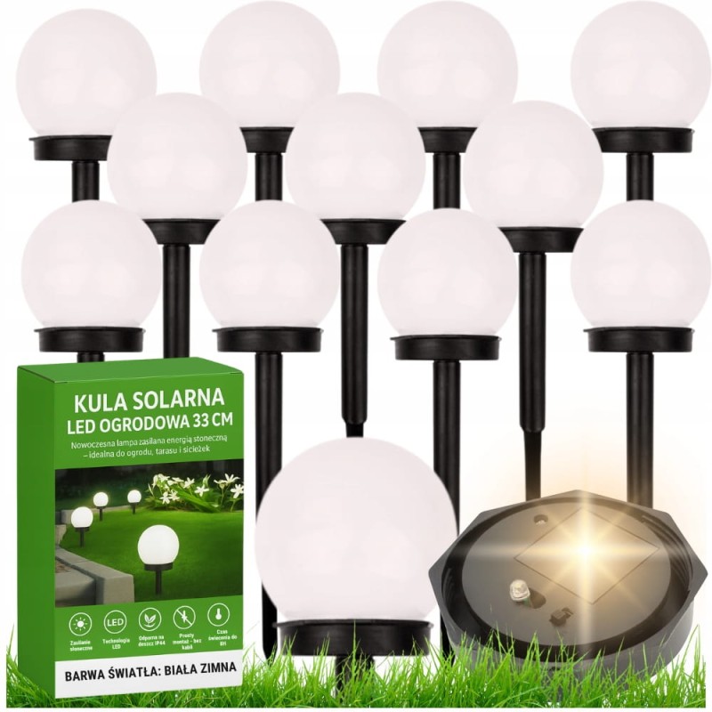 12x Lampa Ogrodowa Solarna Wbijana Naziemna Led Kula Biała Lampka 10 Cm
