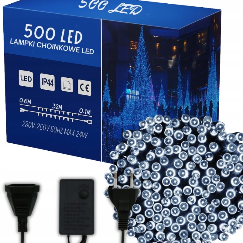 Lampki Choinkowe 500 Led Świąteczne Zewnętrzne Wewnętrzne Zimne Białe 33m