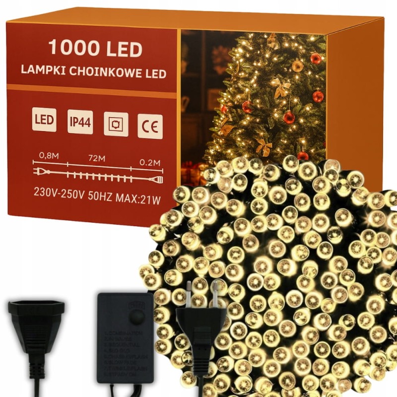 Lampki Choinkowe 1000Led Świąteczne Zewnętrzne Wewnętrzne Ciepły Białe 73m