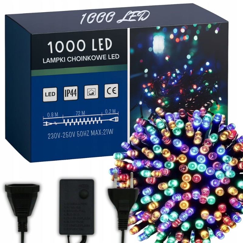 Lampki Choinkowe 1000 Led Świąteczne Zewnętrzne Wewnętrzne Multikolor 73m
