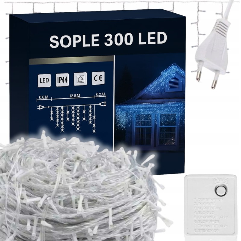 Białe Zimne Sople 300LED Flash 13,3m Lampki Kurtyna Zewnętrzna Świąteczna
