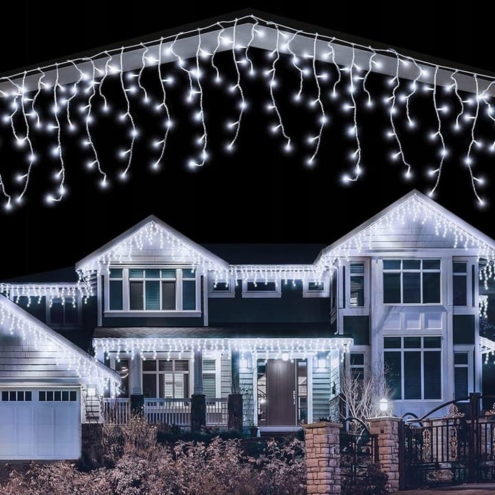 Białe Zimne Sople 300LED Flash 13,3m Lampki Kurtyna Zewnętrzna Świąteczna