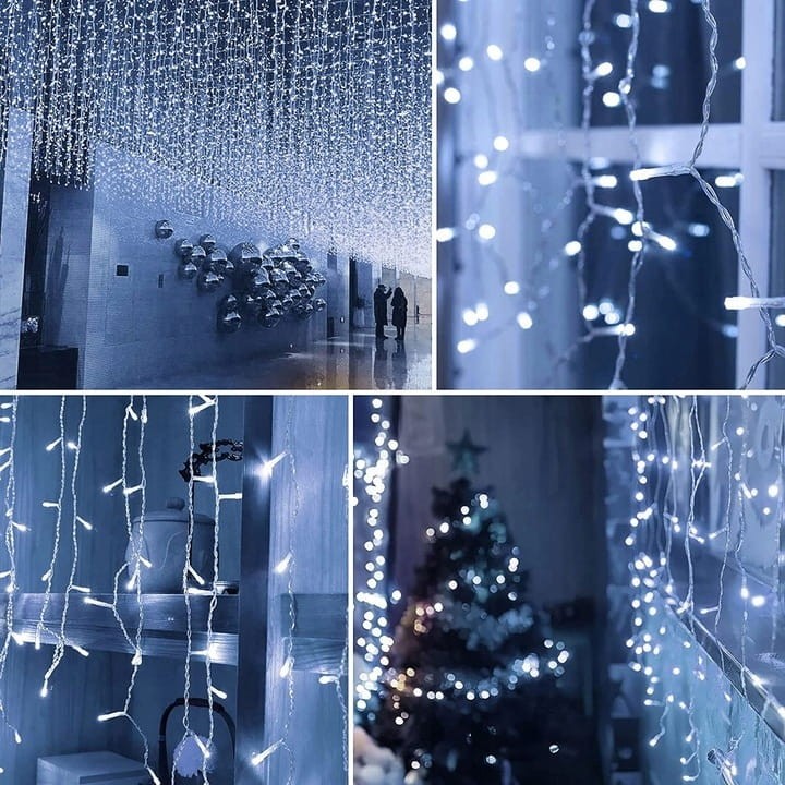 Białe Zimne Sople 300LED Flash 13,3m Lampki Kurtyna Zewnętrzna Świąteczna