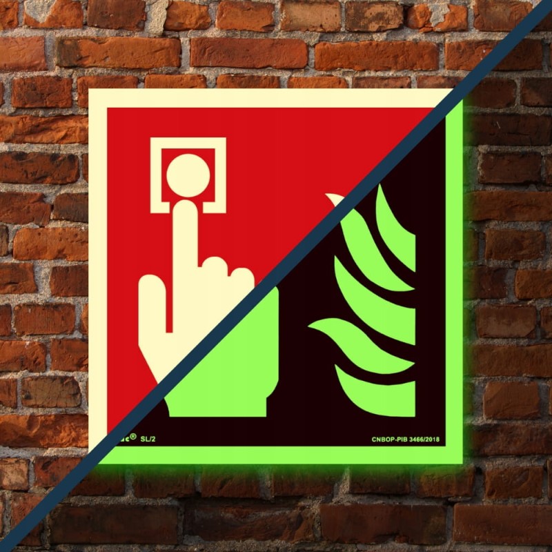 Znak ochrony PPOŻ Alarm Pożarowy 15x15 cm płyta PCV fotoluminescencyjna