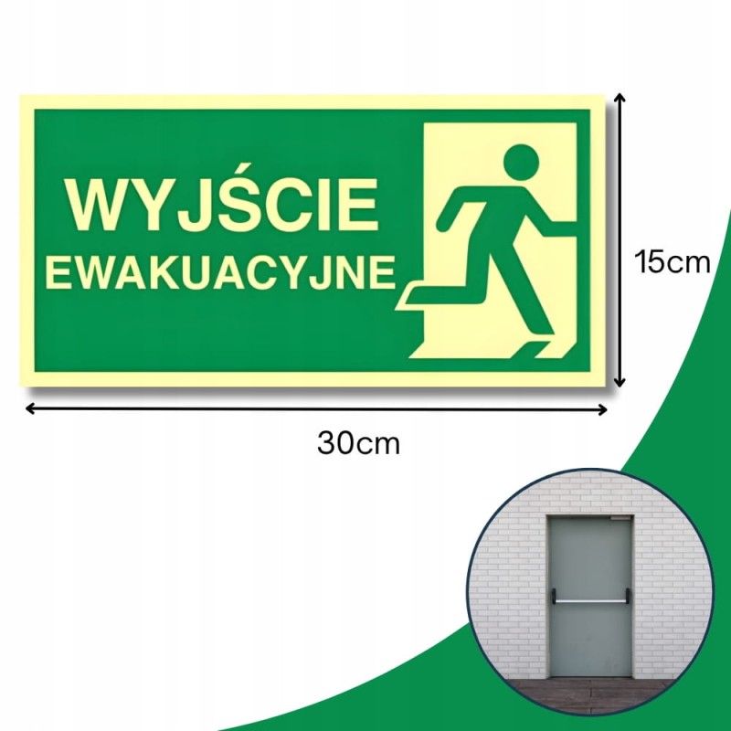 Znak ochrony PPOŻ Wyjście Ewakuacyjne Prawo 15x30cm PCV fotoluminescencyjna