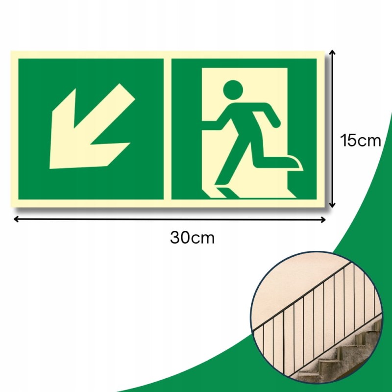 Znak PPOŻ Wyjście Ewakuacyjne w Lewo w Dół 15x30cm PCV fotoluminescencyjna