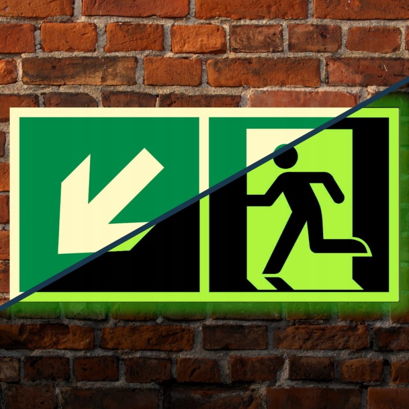 Znak PPOŻ Wyjście Ewakuacyjne w Lewo w Dół 15x30cm PCV fotoluminescencyjna