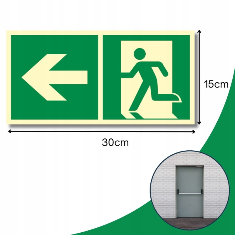Znak PPOŻ Wyjście Ewakuacyjne w Lewo 15x30cm płyta PCV fotoluminescencyjna