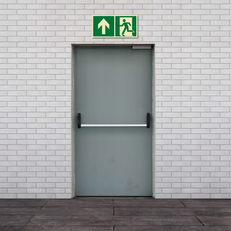 Znak PPOŻ Wyjście Ewakuacyjne Lewostronne w Górę 15x30cm PCV fluorescencyjn