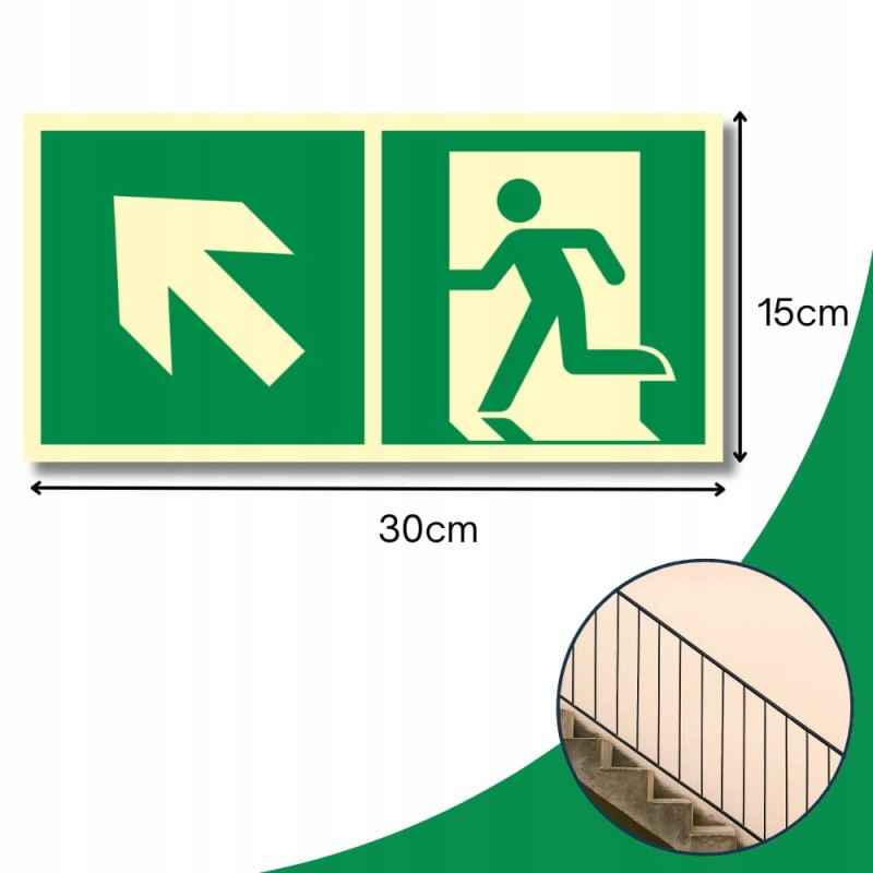 Znak PPOŻ Wyjście Ewakuacyjne w Lewo w Górę 15x30cm PCV fotoluminescencyjna