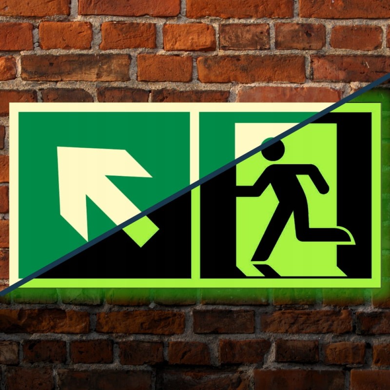 Znak PPOŻ Wyjście Ewakuacyjne w Lewo w Górę 15x30cm PCV fotoluminescencyjna