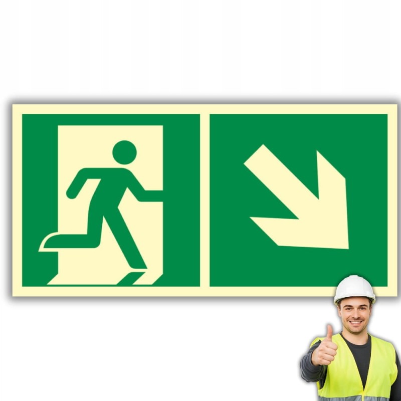 Znak PPOŻ Wyjście Ewakuacyjne w Prawo w Dół 15x30cm PCV fotoluminescencyjna