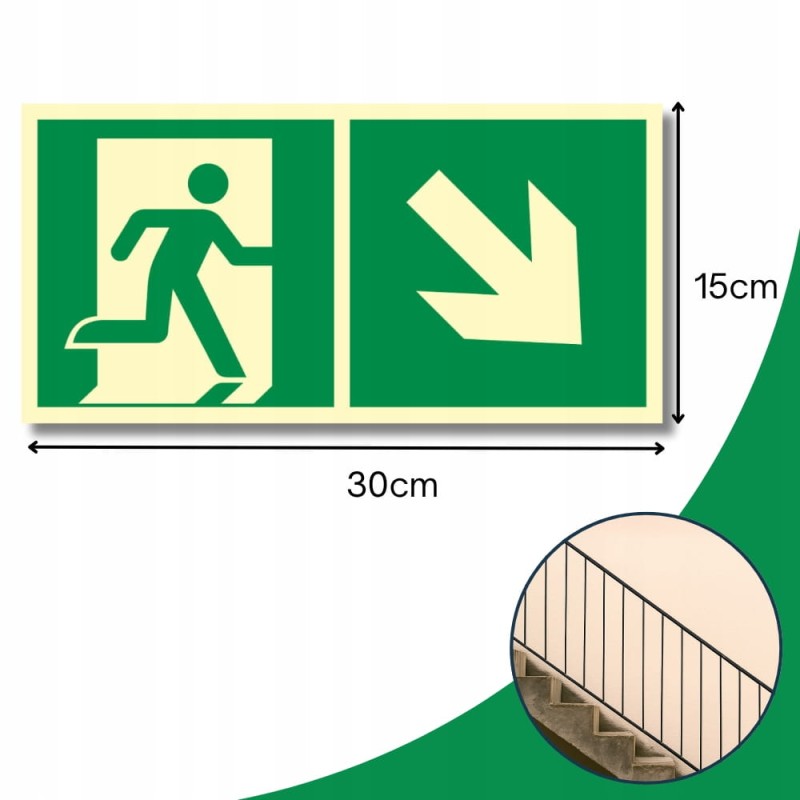 Znak PPOŻ Wyjście Ewakuacyjne w Prawo w Dół 15x30cm PCV fotoluminescencyjna