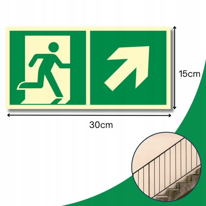 Znak PPOŻ Wyjście Ewakuacyjne w Prawo w Górę 15x30cm PCV fotoluminescencyjn