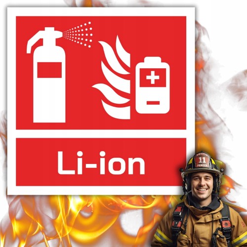 Znak ochrony PPOŻ Gaśnica do gaszenia baterii i aku Li-ion 15x15 cm PCV