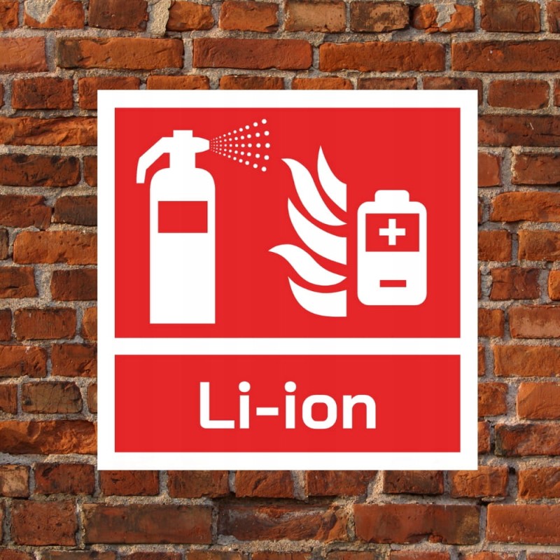 Znak ochrony PPOŻ Gaśnica do gaszenia baterii i aku Li-ion 15x15 cm PCV