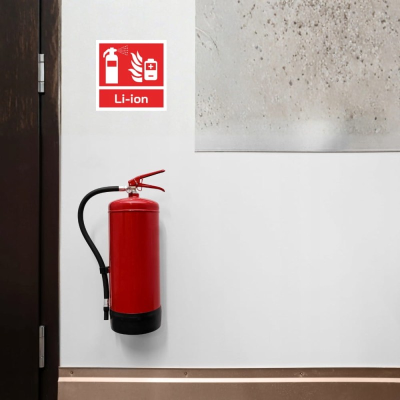 Znak ochrony PPOŻ Gaśnica do gaszenia baterii i aku Li-ion 15x15 cm PCV