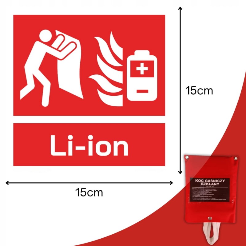 Znak ochrony PPOŻ Koc Gaśniczy do gaszenia baterii i aku Li-ion 15x15cm PCV