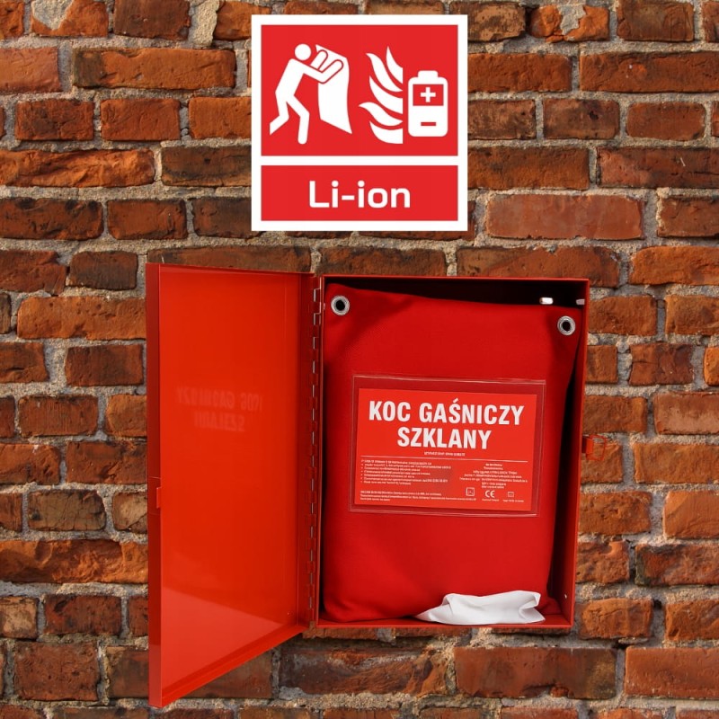Znak ochrony PPOŻ Koc Gaśniczy do gaszenia baterii i aku Li-ion 15x15cm PCV