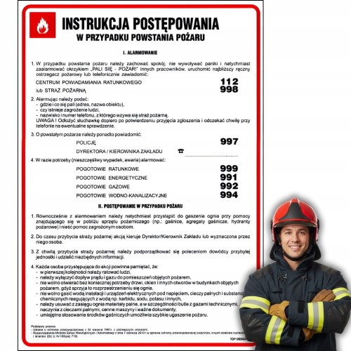 Znak Instrukcja BHP postępowania w przypadku powstania pożaru 24,5x35cm PCV