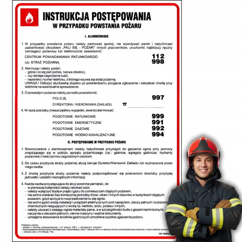 Znak Instrukcja BHP postępowania w przypadku powstania pożaru 24,5x35cm PCV