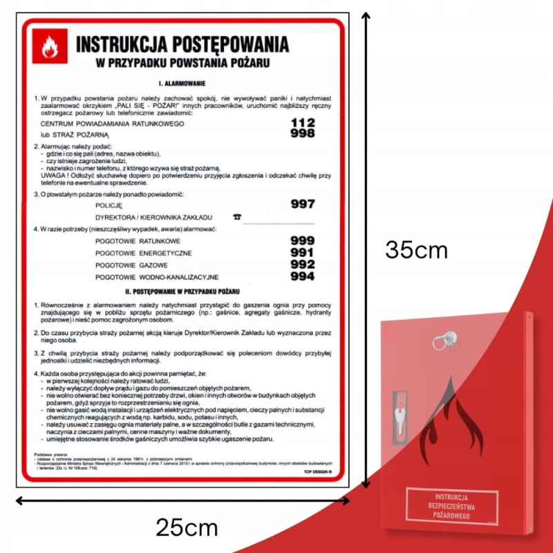 Znak Instrukcja BHP postępowania w przypadku powstania pożaru 24,5x35cm PCV