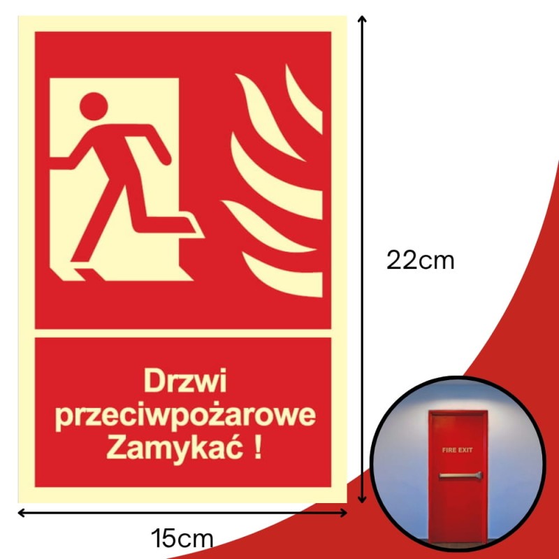 Znak Drzwi ppoż Zamykać! Kierunek drogi ewakuacyjnej w lewo 15x22cm PCV