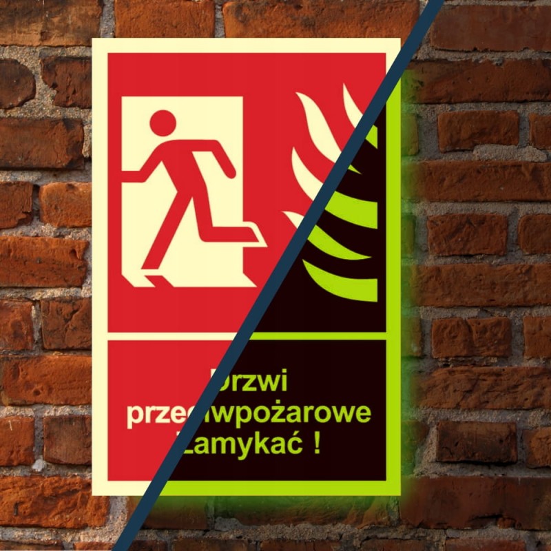 Znak Drzwi ppoż Zamykać! Kierunek drogi ewakuacyjnej w lewo 15x22cm PCV