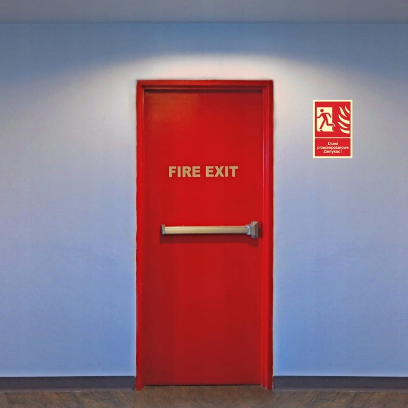 Znak Drzwi ppoż Zamykać! Kierunek drogi ewakuacyjnej w lewo 15x22cm PCV