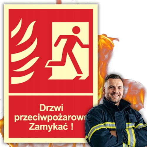 Znak Drzwi ppoż Zamykać! Kierunek drogi ewakuacyjnej w prawo 15x22cm PCV