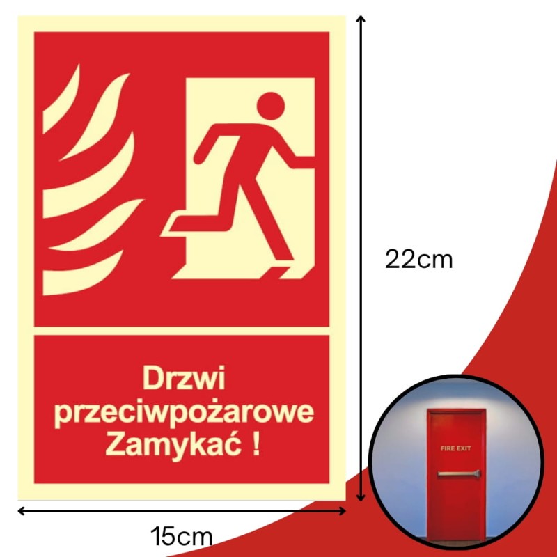 Znak Drzwi ppoż Zamykać! Kierunek drogi ewakuacyjnej w prawo 15x22cm PCV