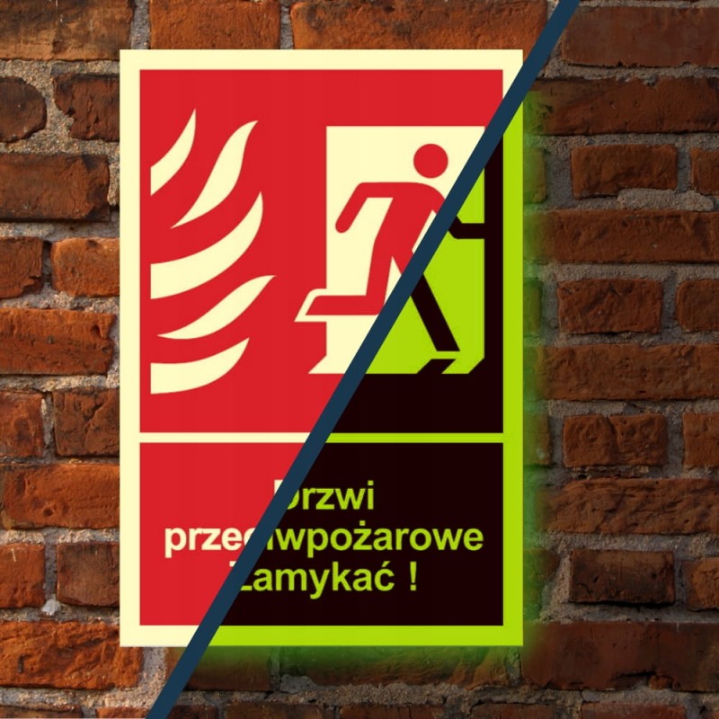 Znak Drzwi ppoż Zamykać! Kierunek drogi ewakuacyjnej w prawo 15x22cm PCV