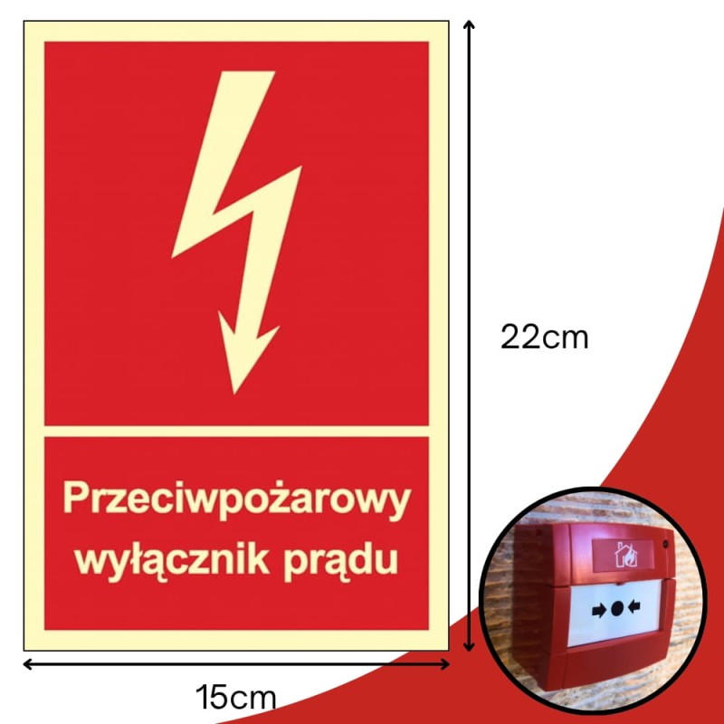 Znak PPOŻ Przeciwpożarowy wyłącznik prądu 15x22 cm PCV fotoluminescencyjna