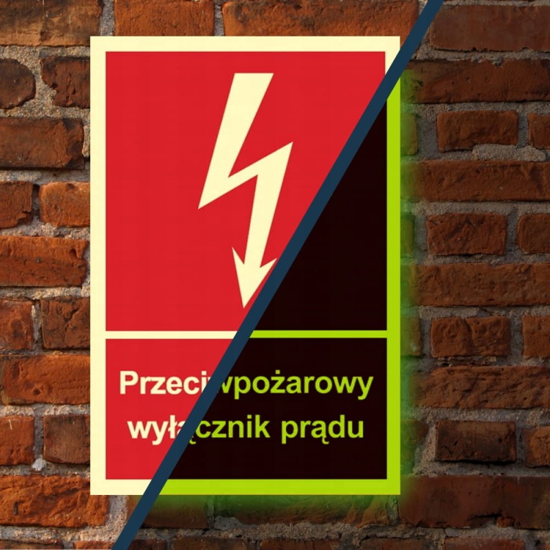 Znak PPOŻ Przeciwpożarowy wyłącznik prądu 15x22 cm PCV fotoluminescencyjna