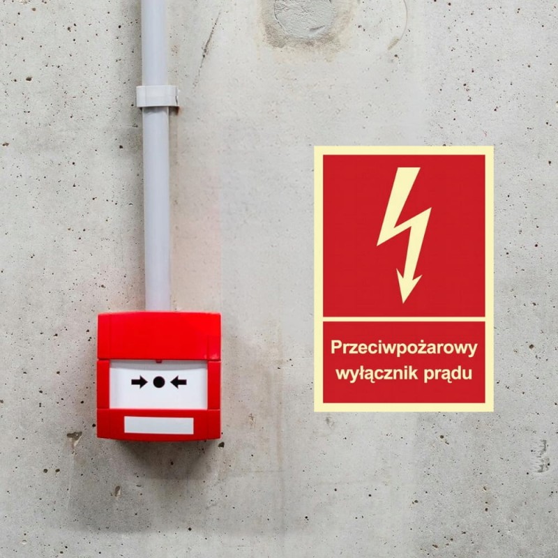 Znak PPOŻ Przeciwpożarowy wyłącznik prądu 15x22 cm PCV fotoluminescencyjna