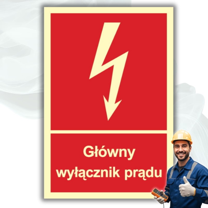 Znak ochrony PPOŻ Główny wyłącznik prądu 15x22 cm PCV fotoluminescencyjna