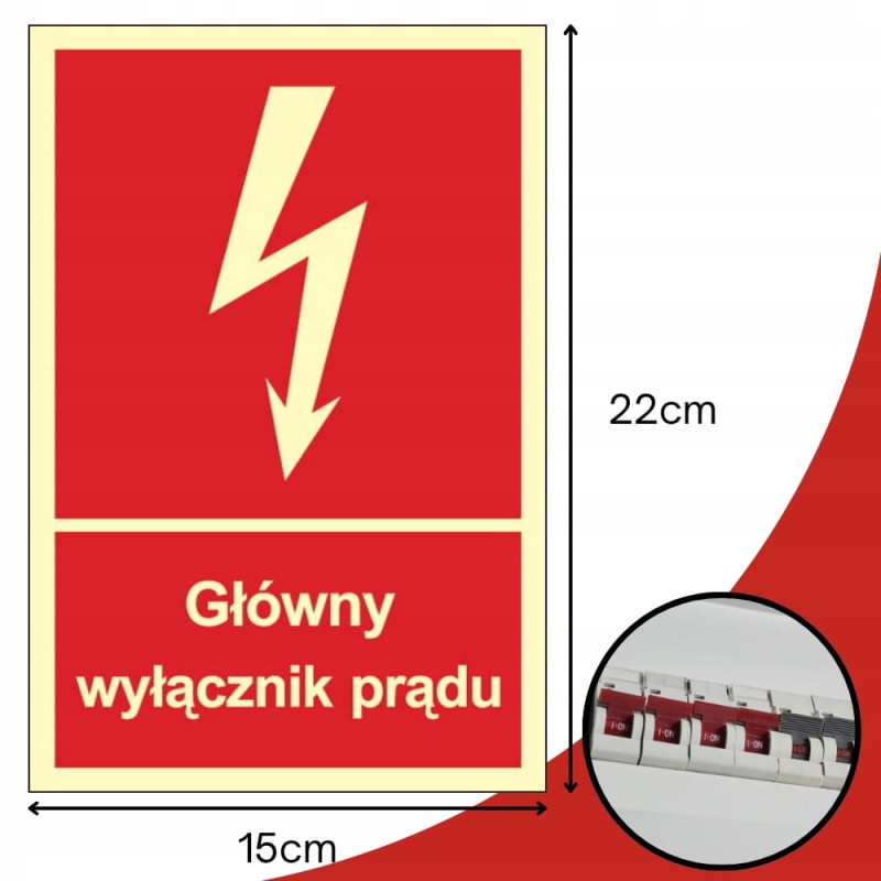 Znak ochrony PPOŻ Główny wyłącznik prądu 15x22 cm PCV fotoluminescencyjna