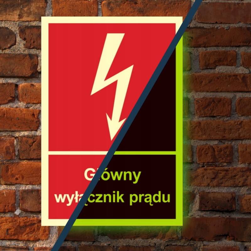 Znak ochrony PPOŻ Główny wyłącznik prądu 15x22 cm PCV fotoluminescencyjna
