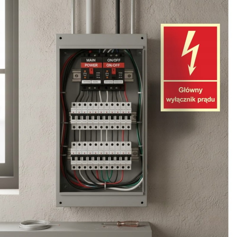 Znak ochrony PPOŻ Główny wyłącznik prądu 15x22 cm PCV fotoluminescencyjna