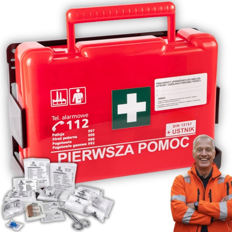 Apteczka Pierwszej Pomocy Przemysłowa Zakładowa Ścienna DIN 13164 + wieszak