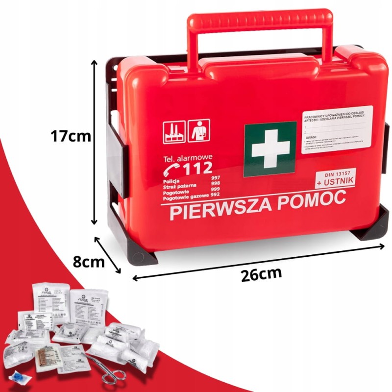 Apteczka Pierwszej Pomocy Przemysłowa Zakładowa Ścienna DIN 13164 + wieszak