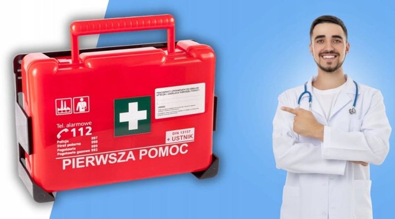 Apteczka Pierwszej Pomocy Przemysłowa Zakładowa Ścienna DIN 13164 + wieszak