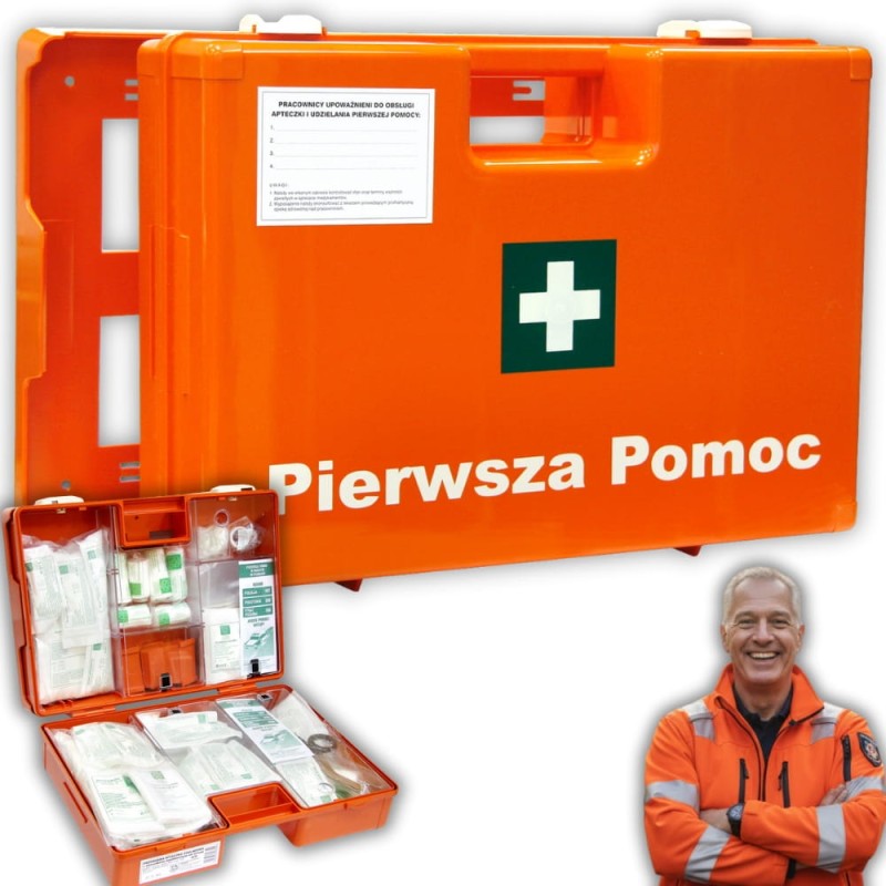 Apteczka Pierwszej Pomocy Przemysłowa Zakładowa Ścienna DIN 13164 + wieszak