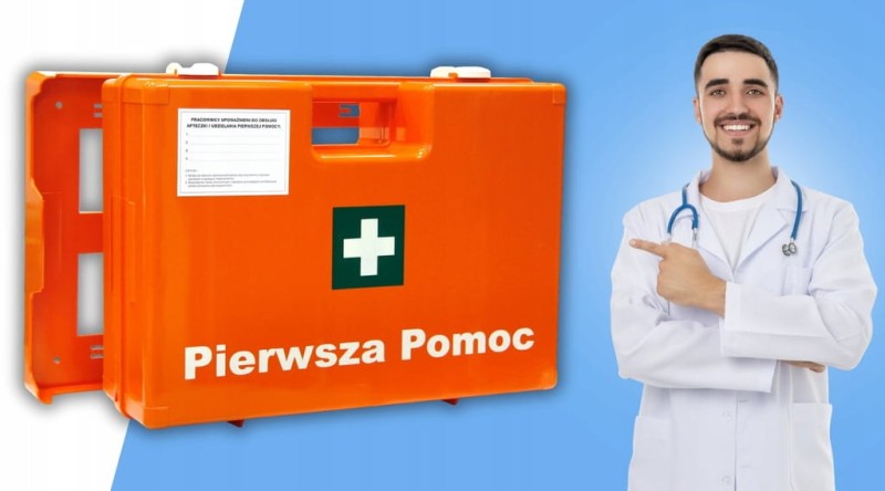 Apteczka Pierwszej Pomocy Przemysłowa Zakładowa Ścienna DIN 13164 + wieszak