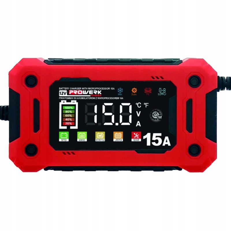 Prostownik Samochodowy Automatyczny Z FUNKCJĄ NAPRAWY AKUMULATORÓW 12V 15A