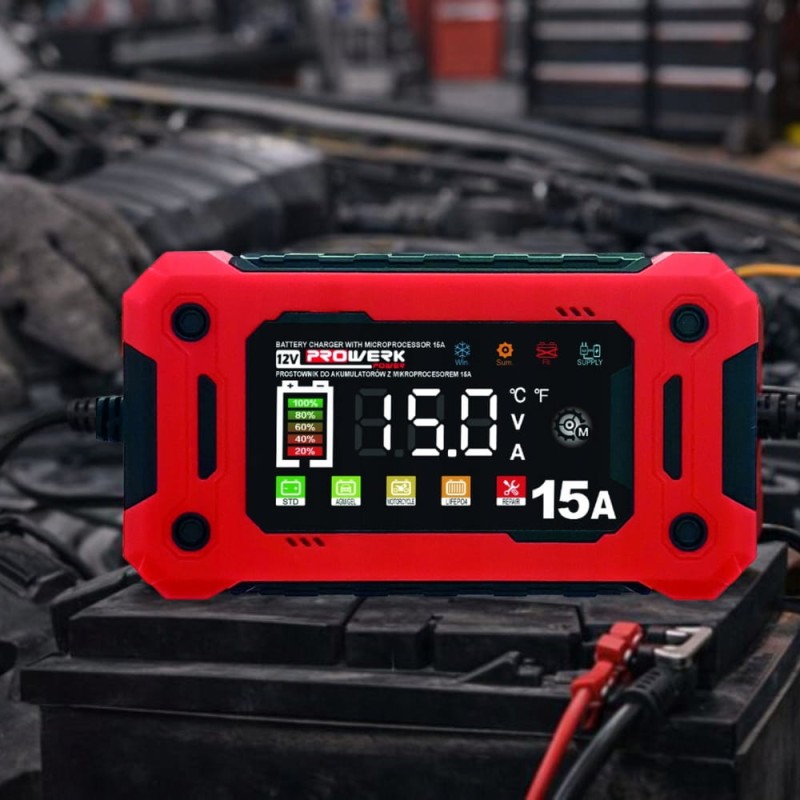 Prostownik Samochodowy Automatyczny Z FUNKCJĄ NAPRAWY AKUMULATORÓW 12V 15A